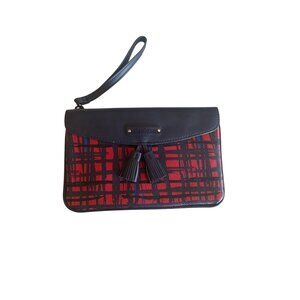 Vera Bradley Red & Navy Blue Plaid Leather Wristlet With Tassels & Zip Pocket
